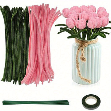 161pcs DIY Tulip Bouquet Making Kit Plush Sticks Craft Materials Bendable Wire Bulk for Art Classroom Valentine's Day Mother's Day Gifts (Without Wrapping Paper)...