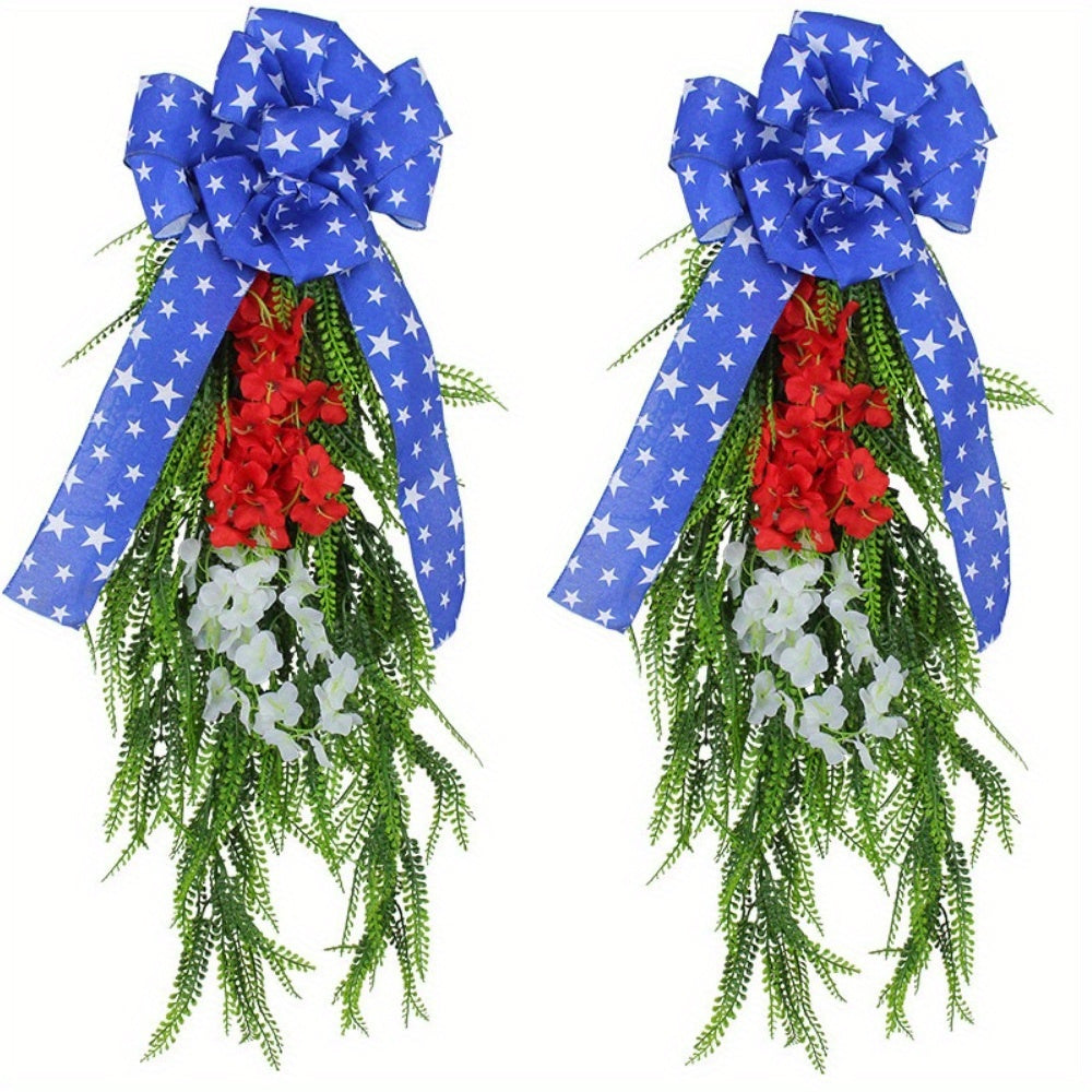 July 4th Independence Day Front Door Wreath White Blue Red 30 Inch Patriotic American Wreath with Bow Artificial Spring Hanging Greenery Teardrop Swag Wreath for Front Door Window Decoration...