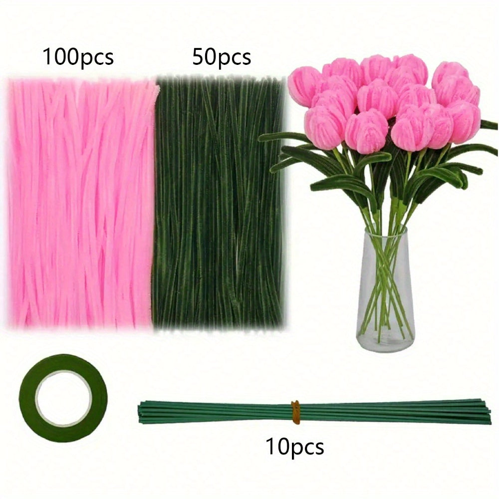 161pcs DIY Tulip Bouquet Making Kit Plush Sticks Craft Materials Bendable Wire Bulk for Art Classroom Valentine's Day Mother's Day Gifts (Without Wrapping Paper)...