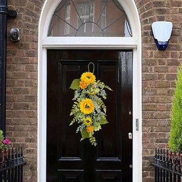 1pcs Spring Decoration Artificial Sunflower Garland Silk Sunflower Wreath Garland Yellow Sunflowers and Green Leaves Sunflower Flowers Greenery Garland Wedding Party Indoor Outdoor Spring Wreath Front Door...