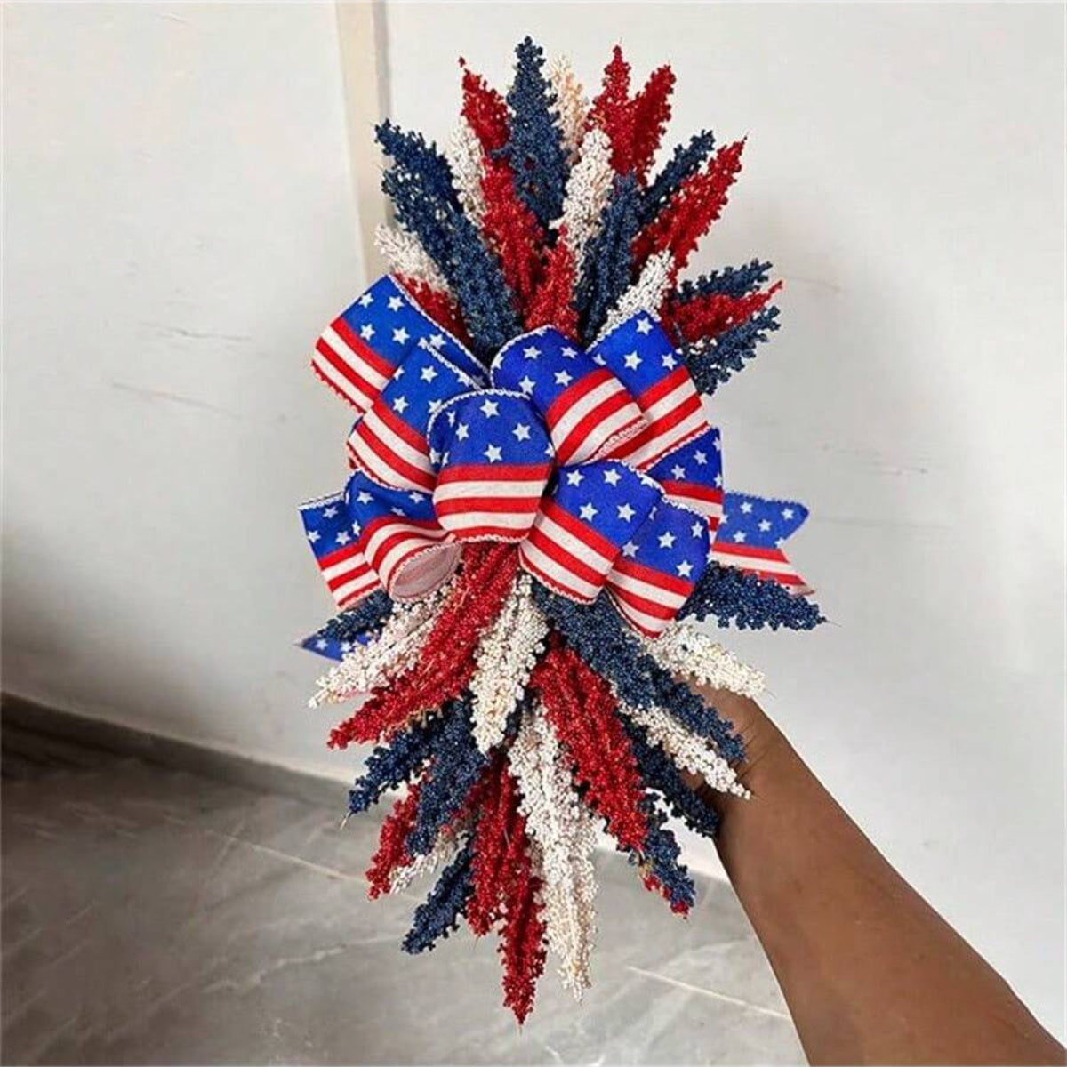 20 Inch Front Door Patriotic Wreath, July 4th Wreath Patriotic Swag White Blue Red Wreath with Bow Memorial Independence Day Veterans Day Upstairs Wreath Door Decoration...