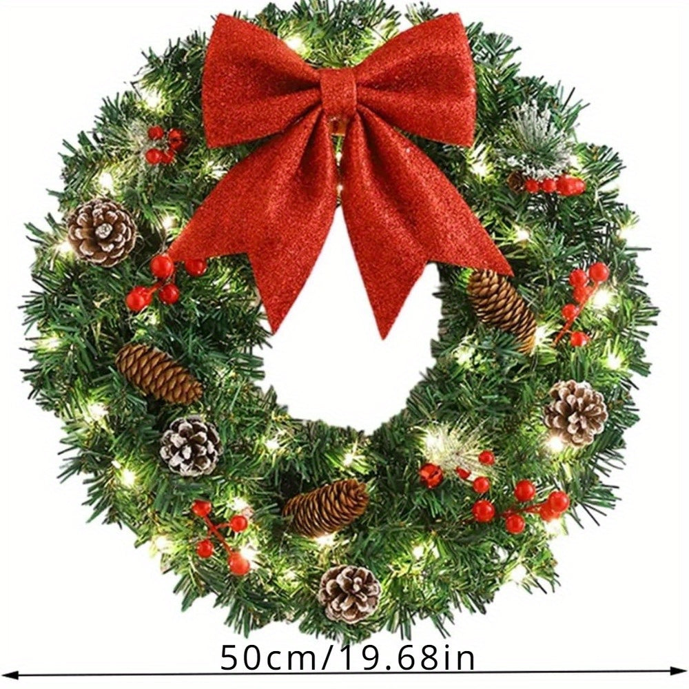 19.7 Inch Christmas Wreath, Battery Operated Christmas Wreath, Decorated with Bows, Lights, Pine Cones, Berry Strings, Christmas Decorations for Window, Front Door, Fireplace, Wall Decorations...