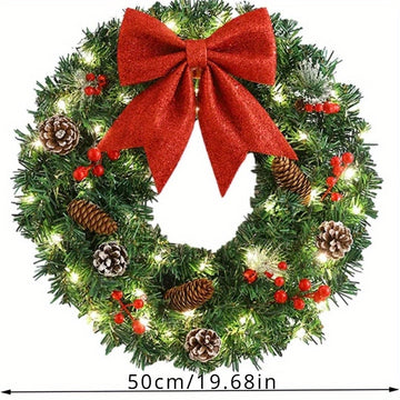 19.7 Inch Christmas Wreath, Battery Operated Christmas Wreath, Decorated with Bows, Lights, Pine Cones, Berry Strings, Christmas Decorations for Window, Front Door, Fireplace, Wall Decorations...