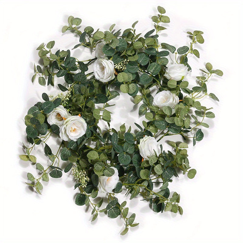 1.8M Artificial Eucalyptus with Camellia Garland Hanging Rattan for Home Garden Wedding Backdrop Wall Decoration...