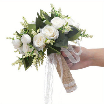 9.8 Inch Artificial Wedding Bouquet Ceremony Bouquet Artificial Fake Flower Bouquet Silk Wedding Bouquet Wedding Party Decoration...