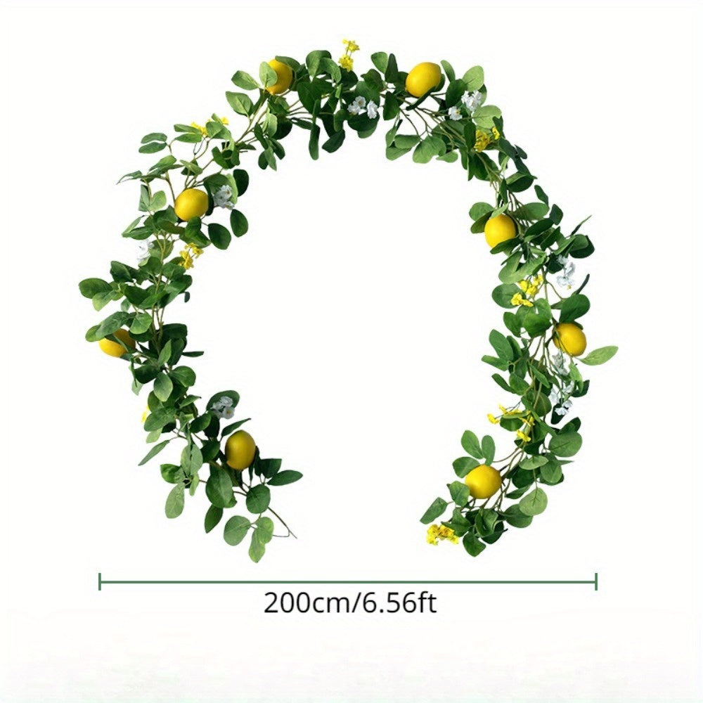 1pc Artificial Lemon Garland Faux Lemon Leaf Vine Green Plant Garland with Yellow Fake Lemon and Flowers Spring Summer Fruit Eucalyptus Garland for Wall Door Kitchen Home Wedding Table