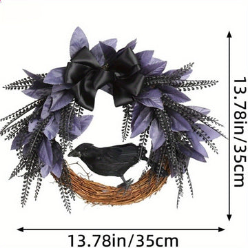 Halloween Crow Wreath for Front Door, Imitation Rattan Wreath Halloween Decorations Creative Crow Wreath for Holiday Halloween Party Decor