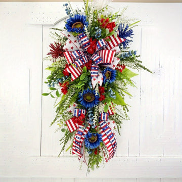 Patriotic Wreath 4th of July Front Door Wreath, Memorial Day Wreath, Summer Red White and Blue Flag Themed Independence Day Wreath Farmhouse Home Wall Door Decor...