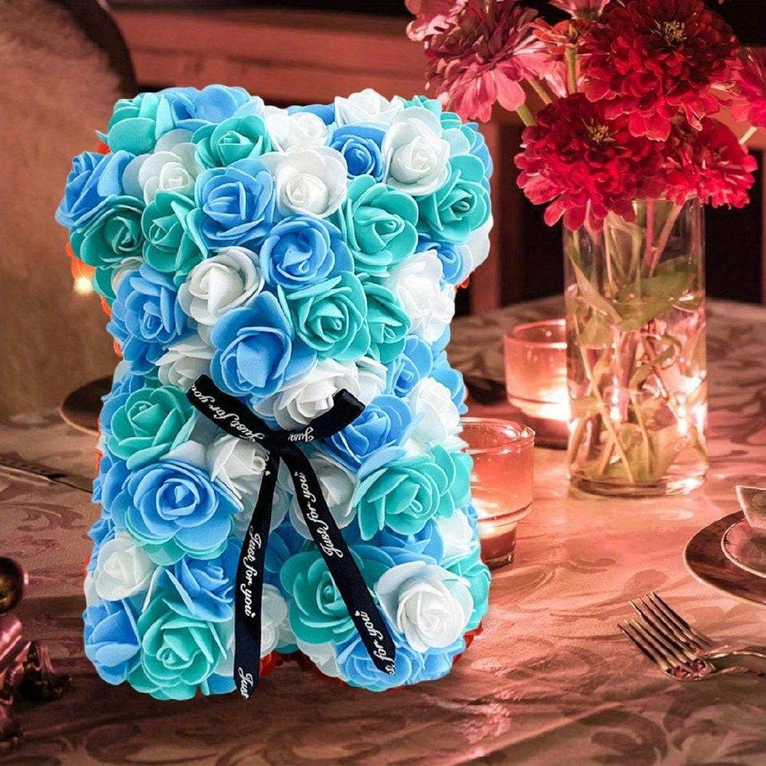 1pc Artificial Rose Flower Bear Valentine's Day Birthday Gift 9.84 inches Artificial Rose Flower Bear Valentine's Day Wedding Mother's Day and Anniversary Gift Includes Transparent Gift Box...