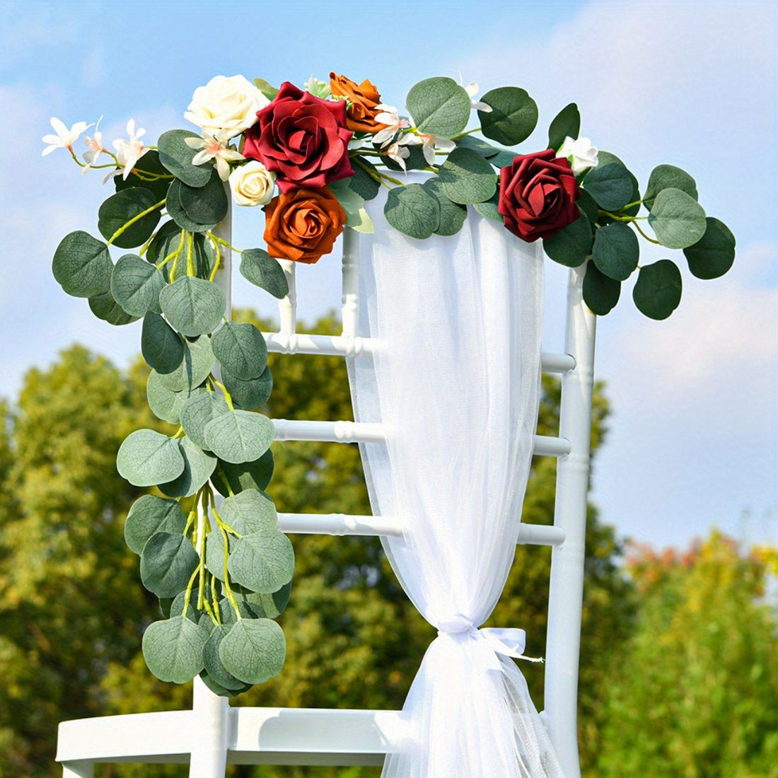 2 Pcs Wedding Aisle Pew Flowers Chair Decorations Artificial Flowers Arrangement with Chiffon Ribbon Sage Green for Ceremony Chair Back Floral Decor Reception Party Outdoor