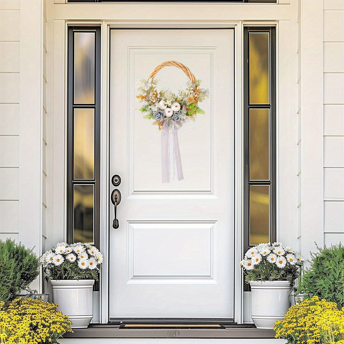 Autumn Harvest White Pumpkin Wreath Festival Courtyard Door Decoration Flowers Withered Branches Vine Circles Door Hanging