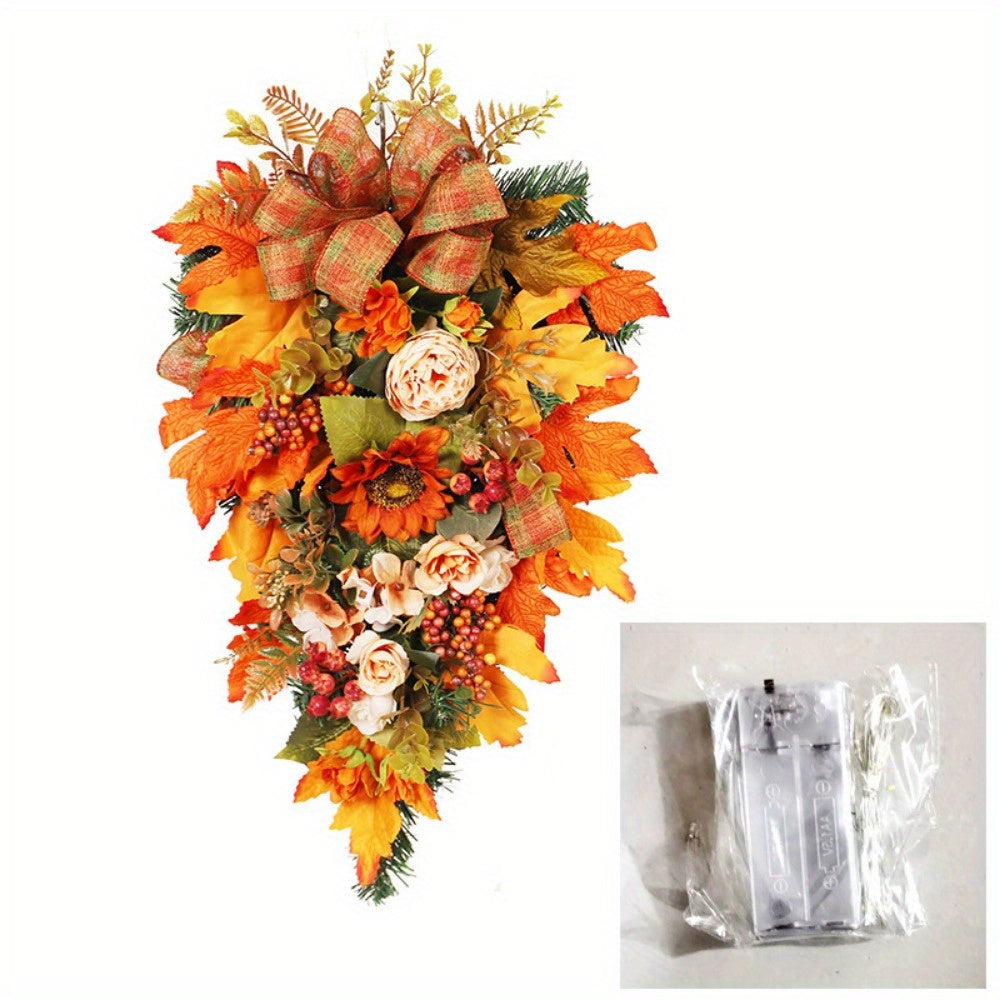 21 Inch Fall Swag Autumn Wreath Front Door Thanksgiving Door Decor Halloween Decorations Exterior Wreath Artificial Berry Pumpkin Yellow Orange Ribbon Sunflower Swag Yard Sign...