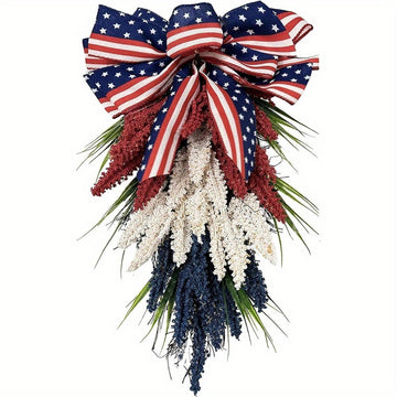 Front Door Patriotic Wreath, 4th of July Wreath Memorial Day Teardrop Wreath with White Blue and Red American Flag Bow, Independence Day Summer Wreath Front Door Veterans Day Hanging Decoration...