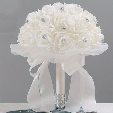 Bride bridesmaid white bouquet diamond soft ribbon artificial satin ribbon rose bride hand bouquet wedding party...