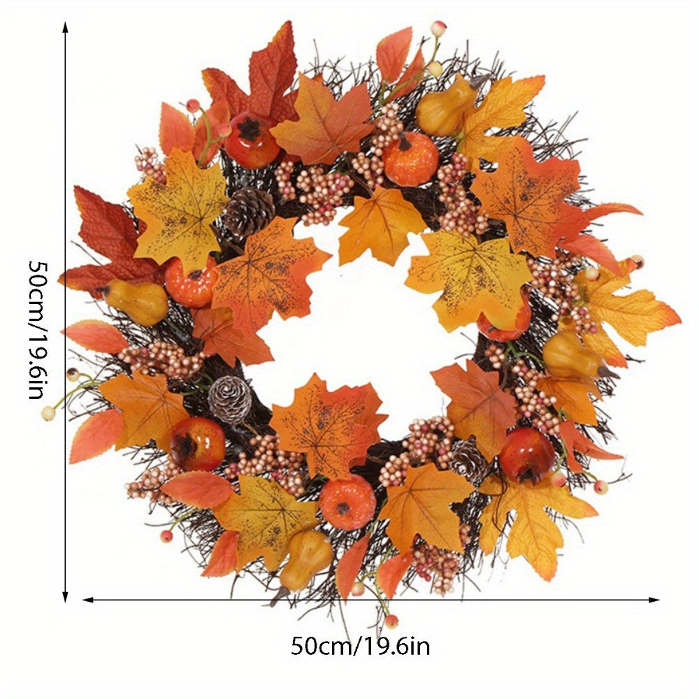 1pcs Fall Maple Leaf Wreath for Front Door, Outdoor Porch Decorations Faux Pumpkin Door Wreath, Holiday Thanksgiving Window Wall Farmhouse Decor Fall Wreath...