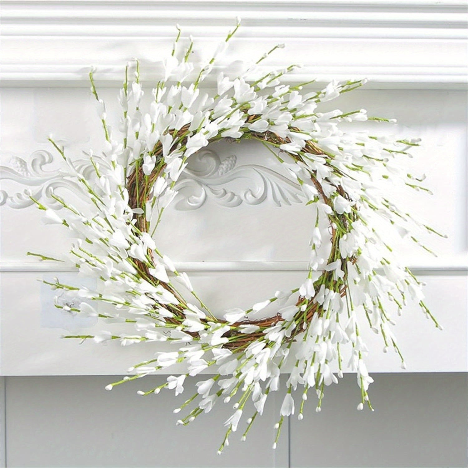 15.7inch Artificial Forsythia Flower Wreath Blue White Forsythia Flower on Grapevine with Fake Green Leaves Summer Wreath for Festival Celebration Front Door Wall Window Porch Decoration