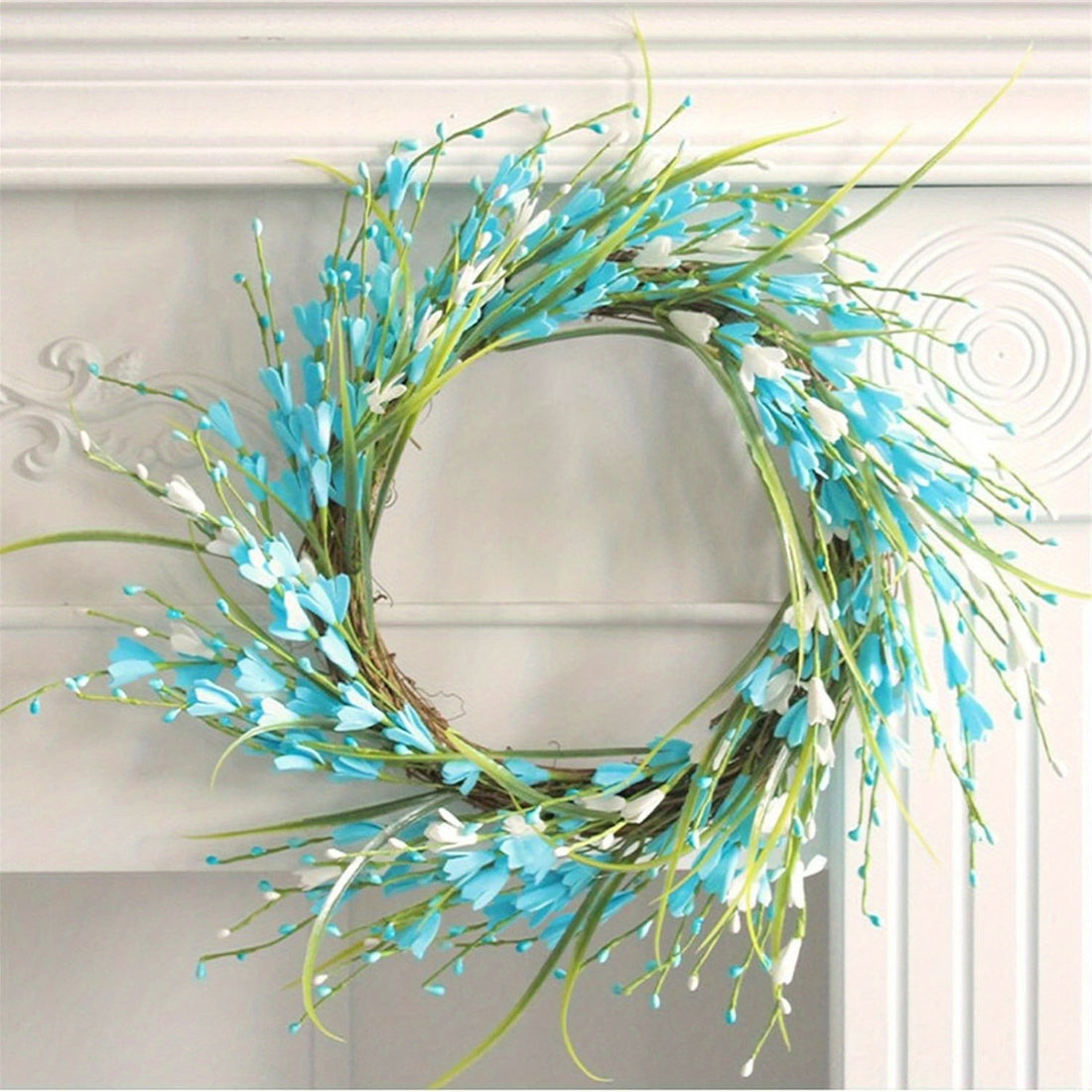 15.7inch Artificial Forsythia Flower Wreath Blue White Forsythia Flower on Grapevine with Fake Green Leaves Summer Wreath for Festival Celebration Front Door Wall Window Porch Decoration