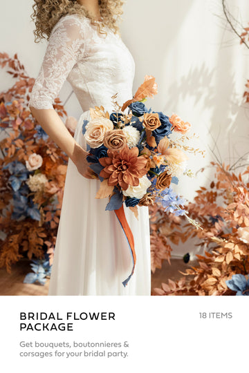 Pre-Arranged Wedding Flower Packages in Russet Orange & Denim Blue